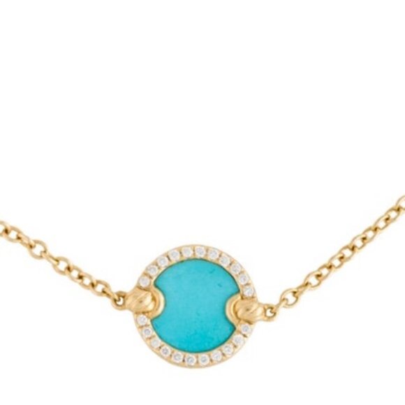 DAVID YURMAN 18K 750 YELLOW GOLD TURQUOISE & DIAMOND PETITE CHAIN BRACELET - Picture 2 of 7